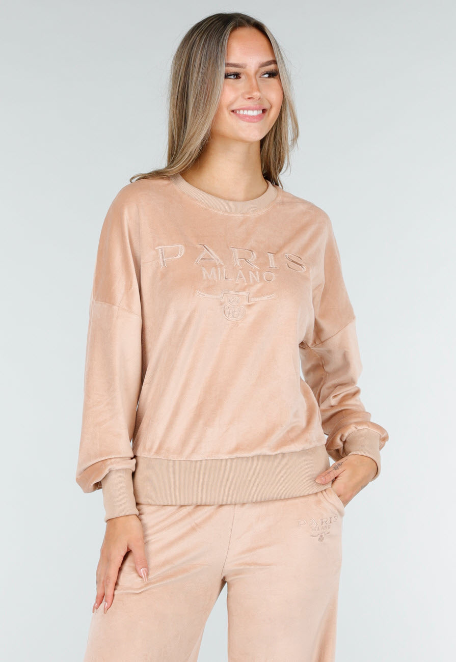 Roze Velours Joggingpak met Lange Mouwen en Wijde Broek