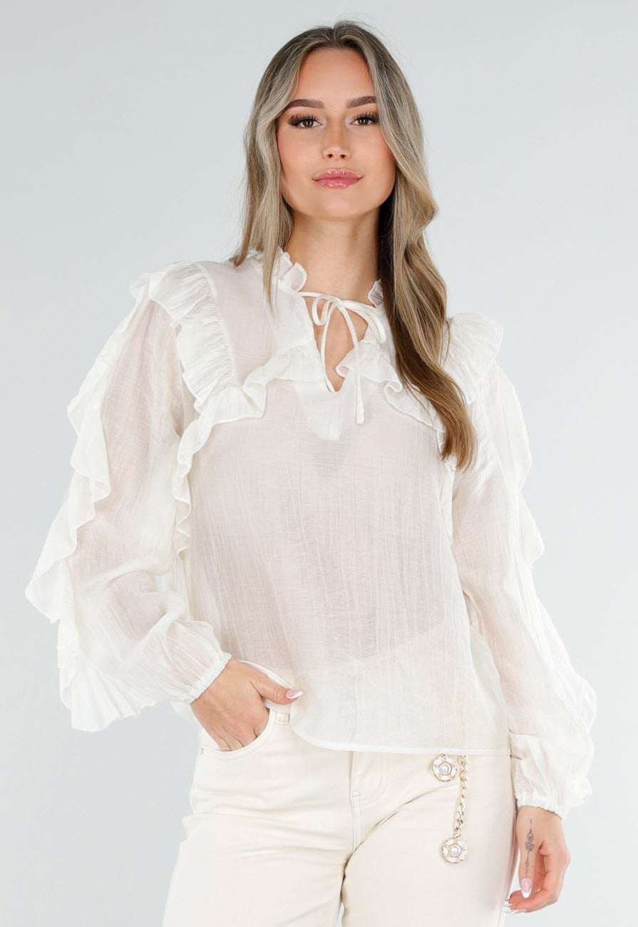 Beige Ruffle Blouse met Lange Mouwen en Striksluiting