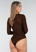 Bruine Glitter Body met Lange Mouwen en V-Hals