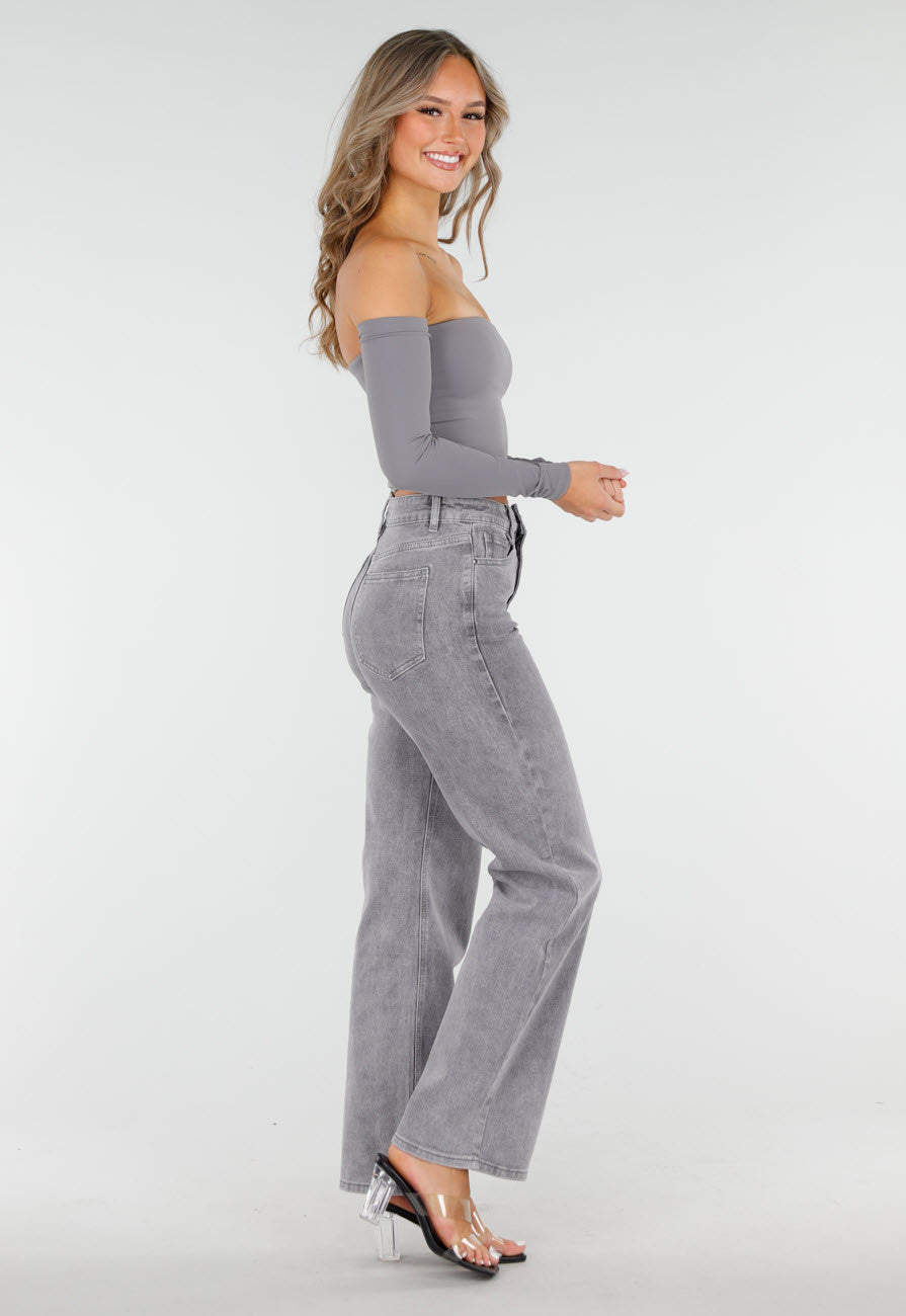 Grijze Off Shoulder Crop Top met Lange Mouwen
