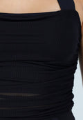 Zwarte Padded Halter Top met Mesh Detail Ruches en Stretch