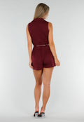 Bordeauxrode Mouwloze Playsuit met Revers, Riem, Blinde Rits en Stretch