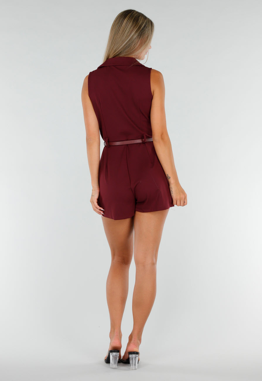 Bordeauxrode Mouwloze Playsuit met Revers, Riem, Blinde Rits en Stretch