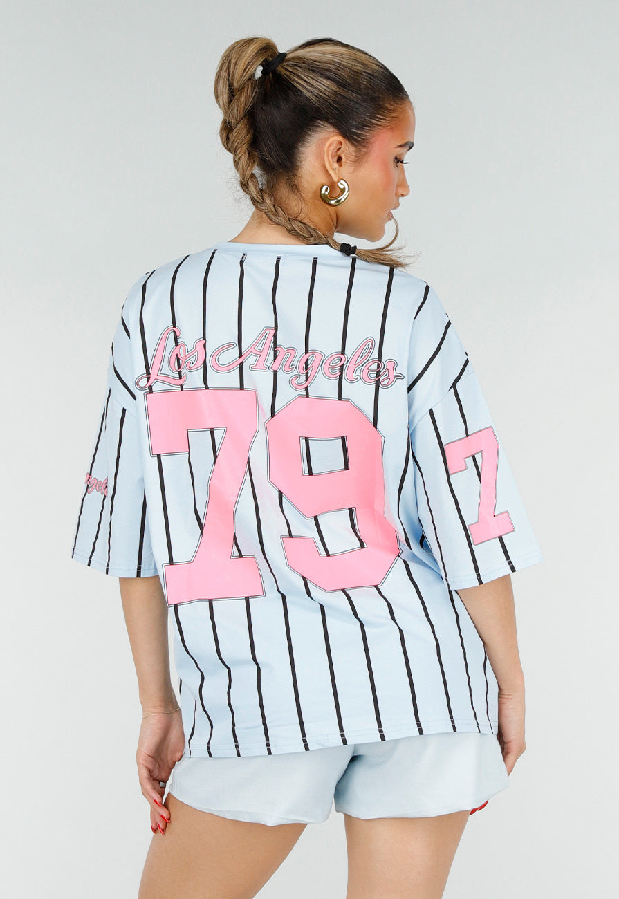 Oversized Lichtblauw Jersey Shirt met Roze Print en Strepen