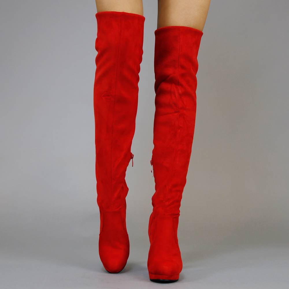Suède-Look Overknee Laarzen met Hak Rood