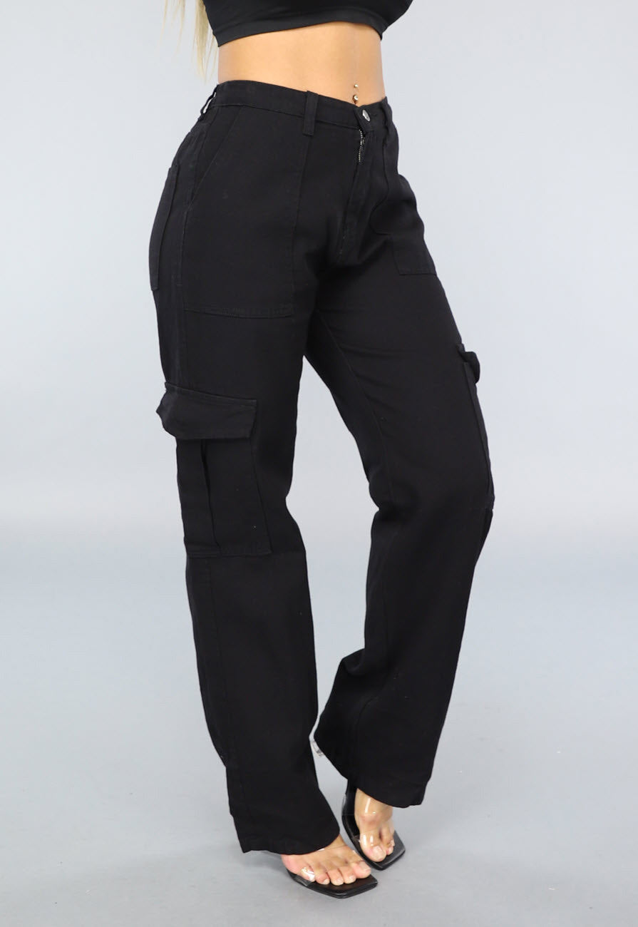 Zwarte Mid Waist Effen Cargo Broek