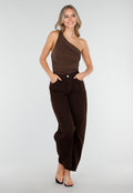 Donkerbruine One Shoulder Body met Drapering in Mesh Stretch