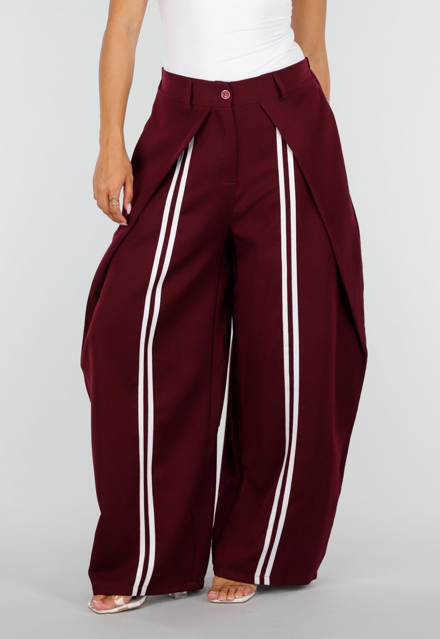 Bordeaux Wijde Pantalon met Witte Strepen en Plooien