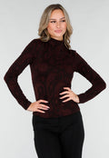 Bordeaux Stretch Top met Lange Mouwen en Col