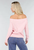 Lichtroze Off Shoulder Trui met Kabelpatroon en Brede Halsrand