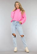 Roze Rib Gebreide Trui met Hoge Hals
