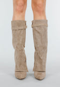 Beige Suède-look Hoge Laarzen met Bandje en Puntneus