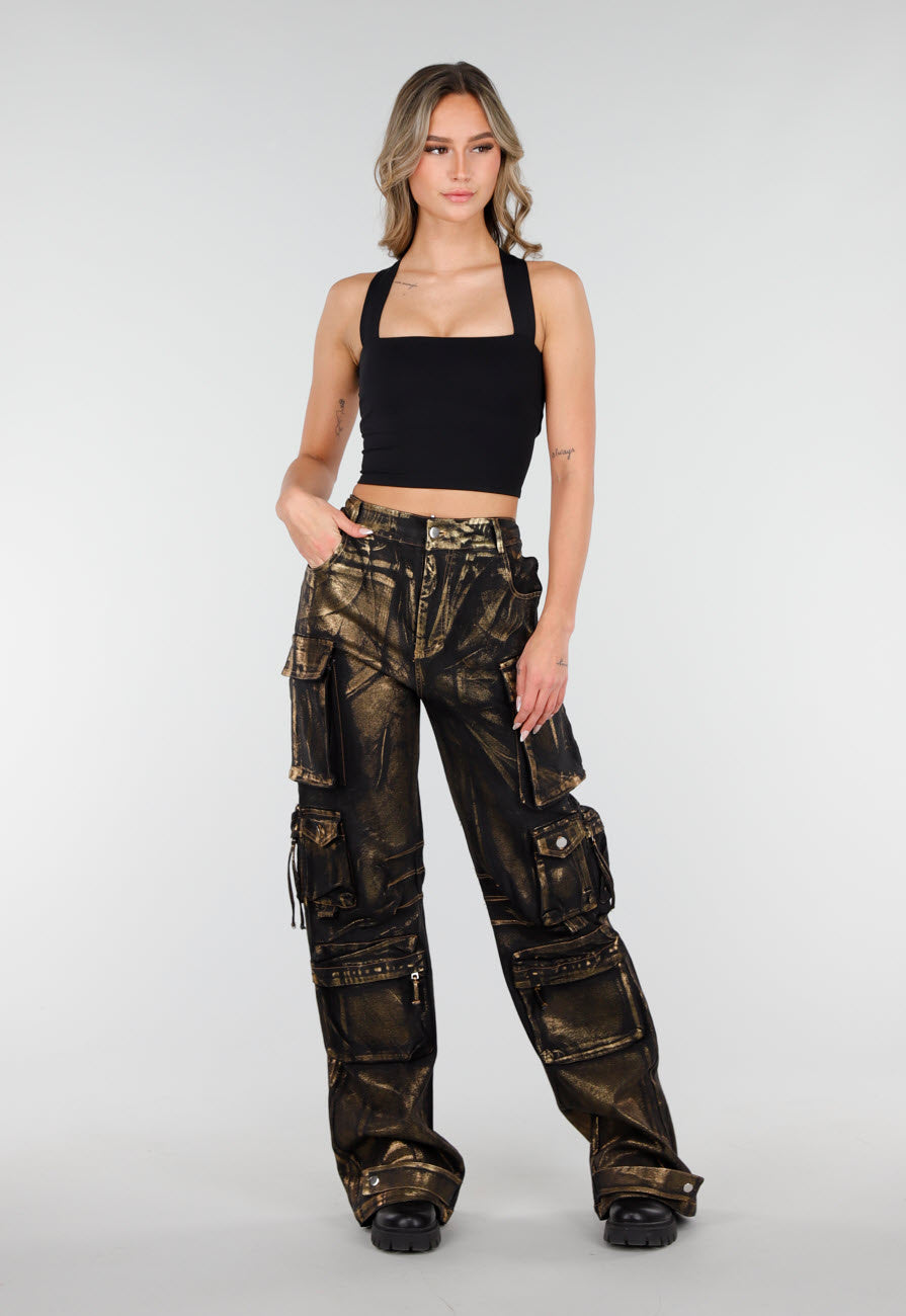 Zwarte Cargo Jeans met Gouden Metallic Coating en Zakken