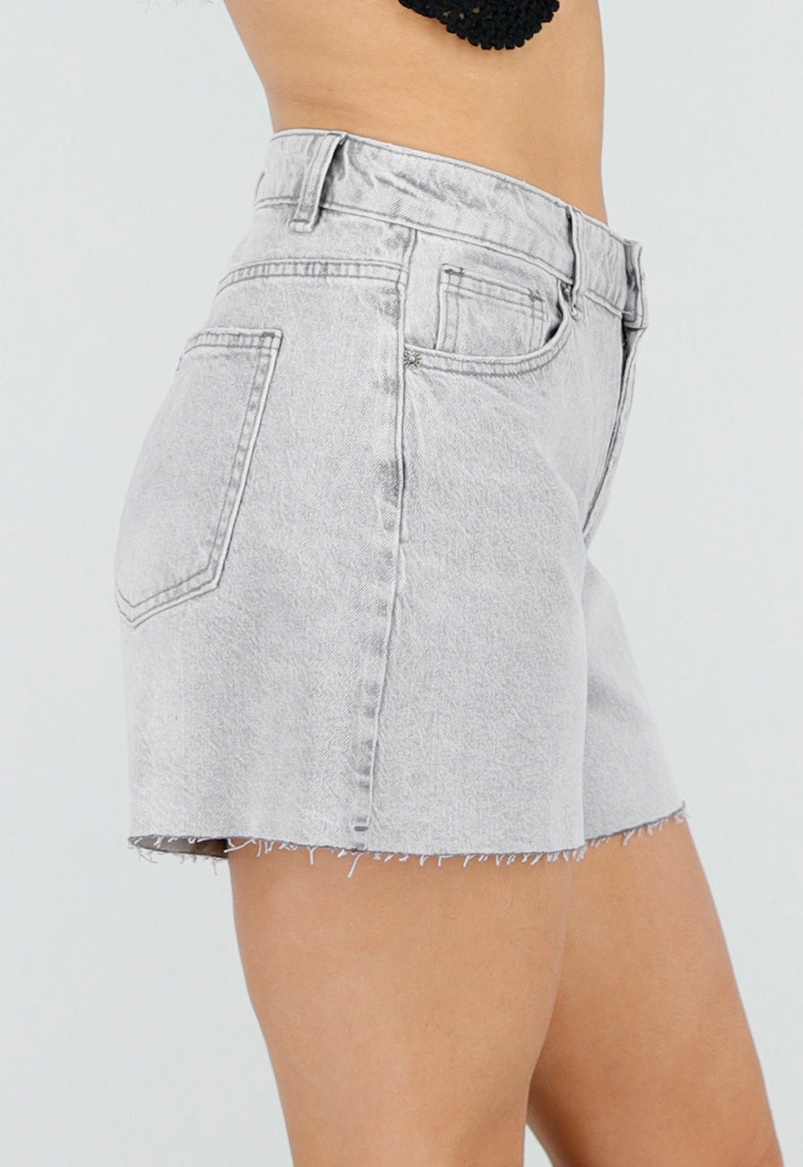 Grijze Denim Short met Ruwe Zoom en Lichte Stretch