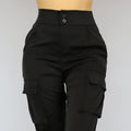 Zwarte High Waist Satin Cargo Broek