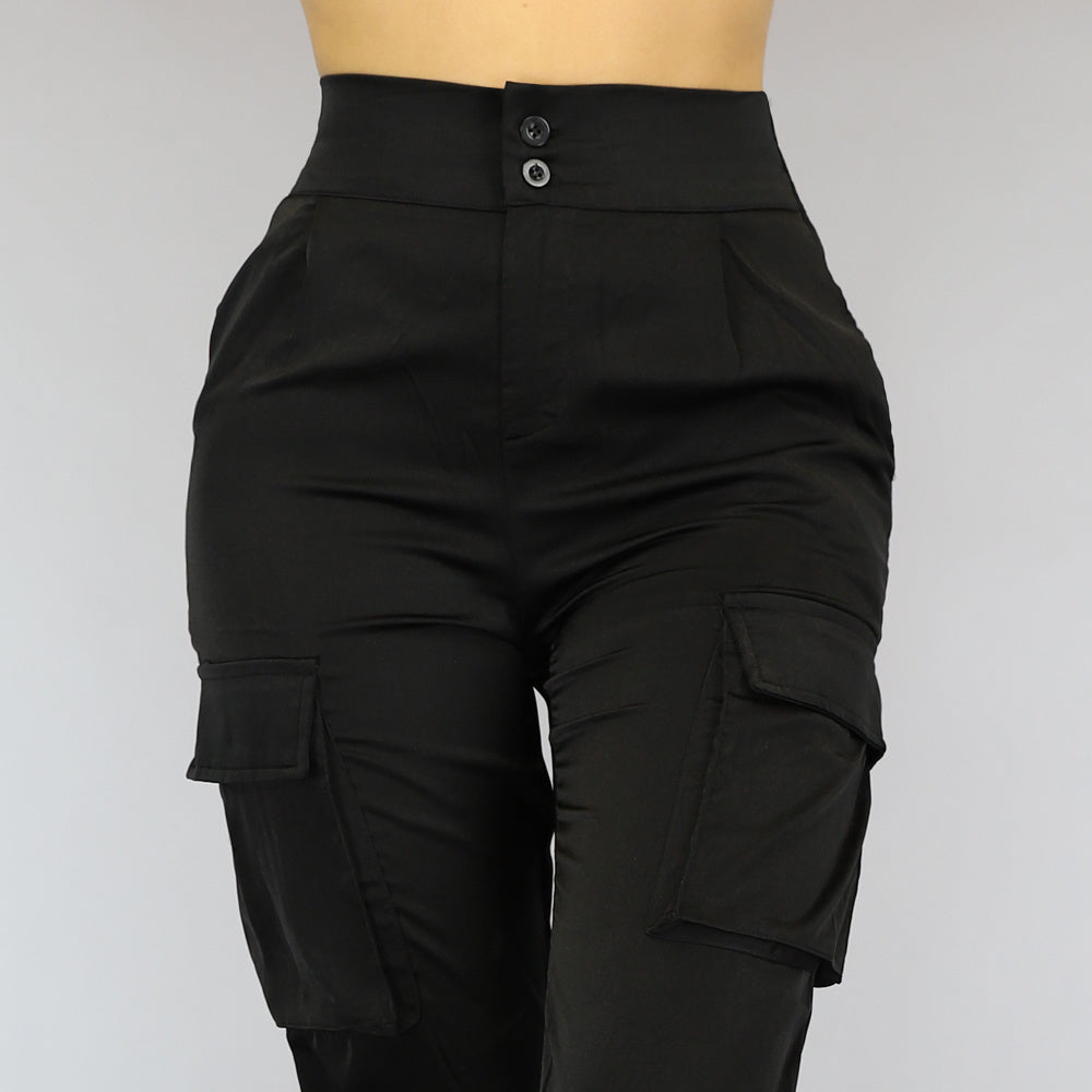 Zwarte High Waist Satin Cargo Broek