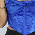 Donkerblauwe Satin Korset Top met Gedrapeerd Detail