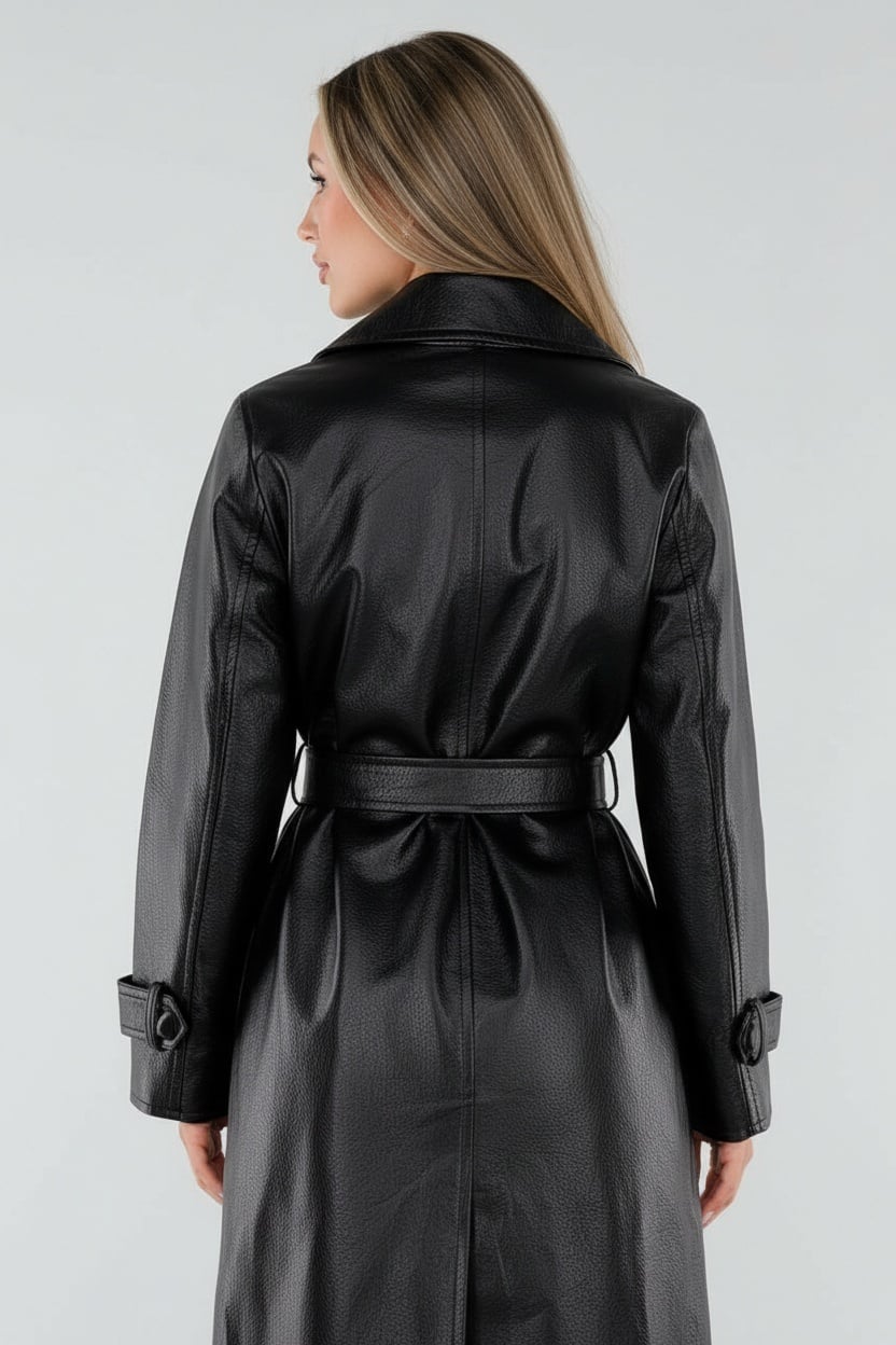 Zwarte Lange Lederlook Trenchcoat met Ceintuur en Revers