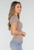 Taupe Basic T-Shirt met Korte Mouwen en Ronde Hals