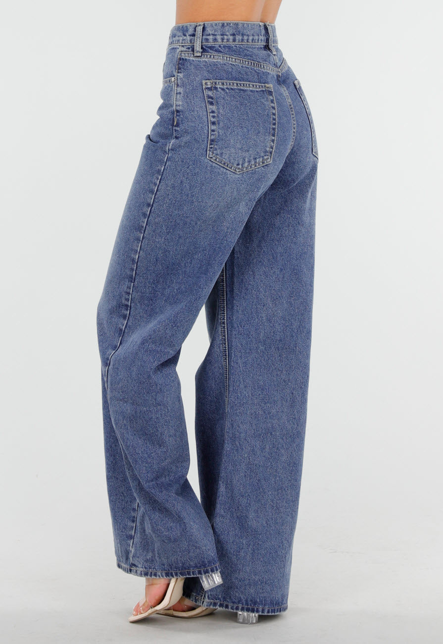 Donkerblauwe High Waist Wide Leg Jeans met Losse Pijpen