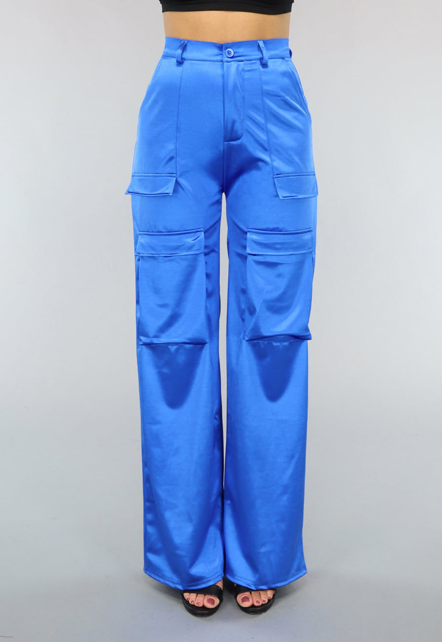 Satijnen Royaal Blauwe Cargo Broek
