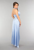 Lichtblauwe Geplooide Satin Jurk met Split