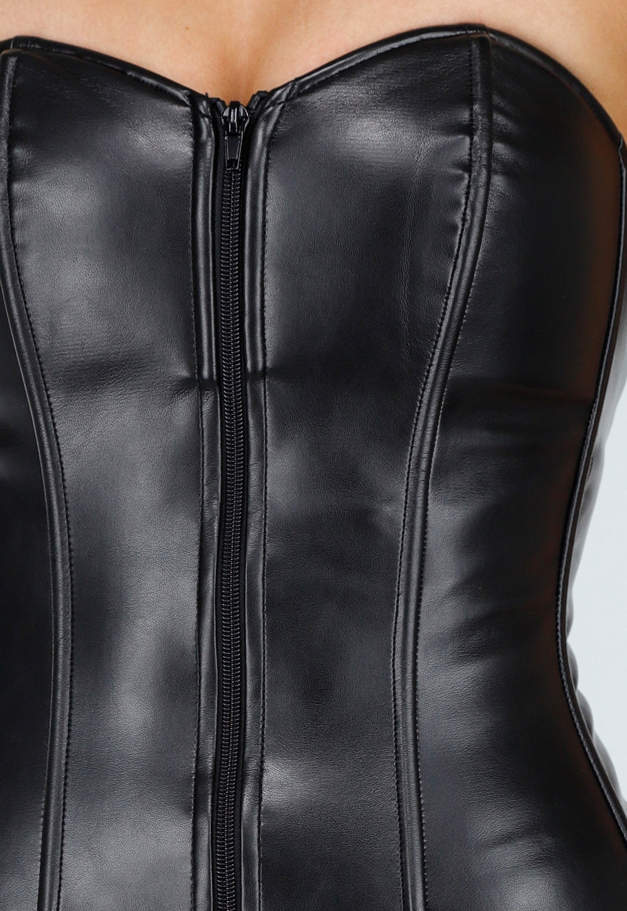Zwarte Strapless Leatherlook Bodycon Jurk met Rits