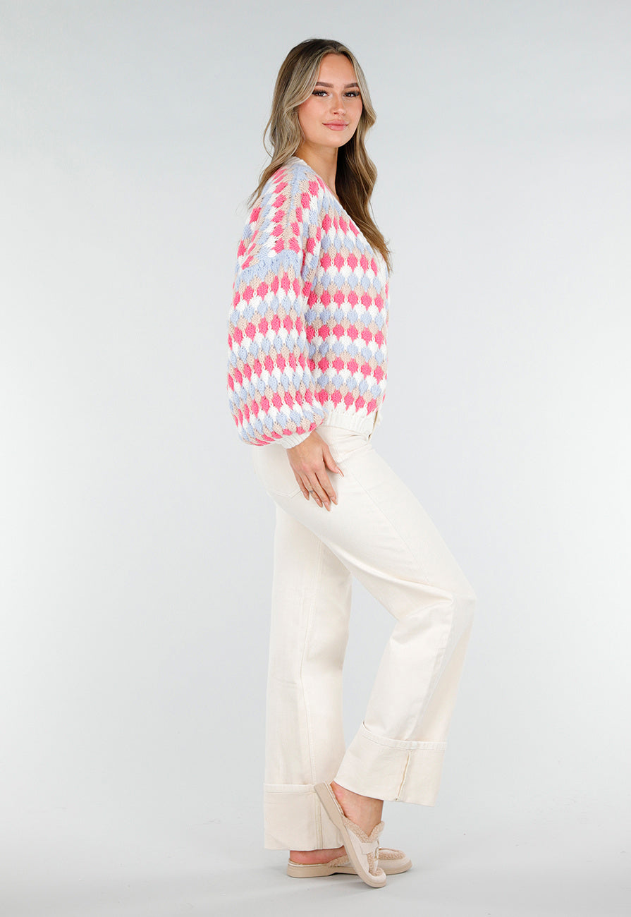 Gebreid Vest met Roze en Blauwe Ruitprint