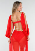 Rood Buikdanseres Kostuum met Gouden Accenten en Doorzichtige Rok