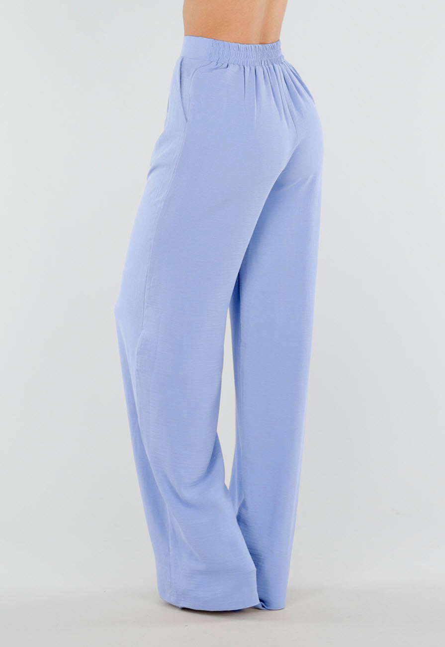 Lichtblauwe Linnenlook Tall Wide Leg Pantalon met Hoge Taille en Plooien