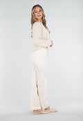 Beige Gebreide Twist Crop Trui met Lange Mouwen en V-Hals