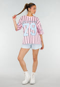Roze Oversized Jersey Shirt met Blauwe Print en Strepen