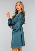 Petrol Satin Jurk met Lange Mouwen