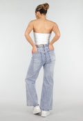 Lichtblauwe Denim Petite Wide Leg Jeans met Hoge Taille en Patch Details