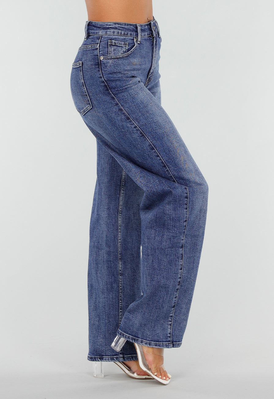 Blauwe Denim Straight Leg Jeans met Hoge Taille en Rechte Pijpen