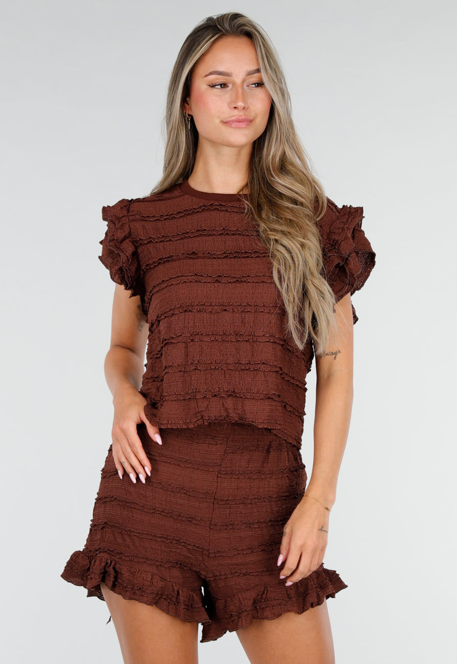 Bruine Stretch Two Piece met Ruches en Shorts