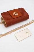 Cognackleurige Gevlochten Clutch met Gouden Schouderketting