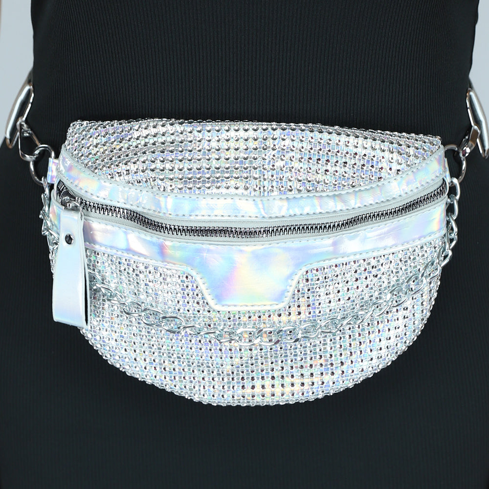 Zilveren Holografische Glitter Crossbody Tas met Ketting