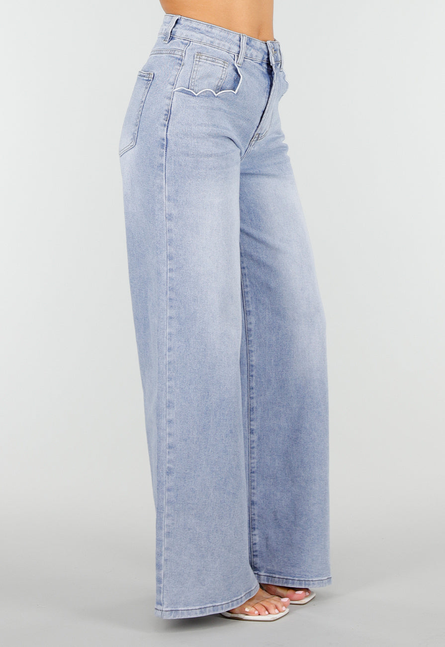 Lichtblauwe Denim Wide Leg Jeans met Hoge Taille
