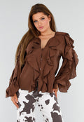 Bruine Blouse met Volants en Losvallende Ballonmouwen