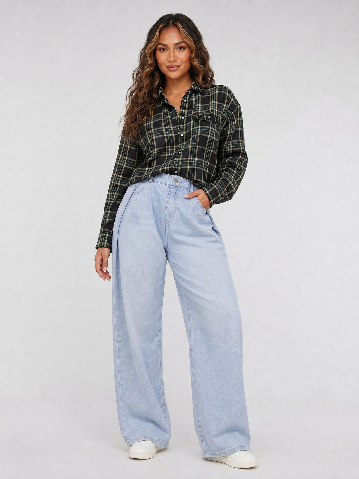 Donkergroene Geruite Blouse met Lange Mouwen en Borstzak