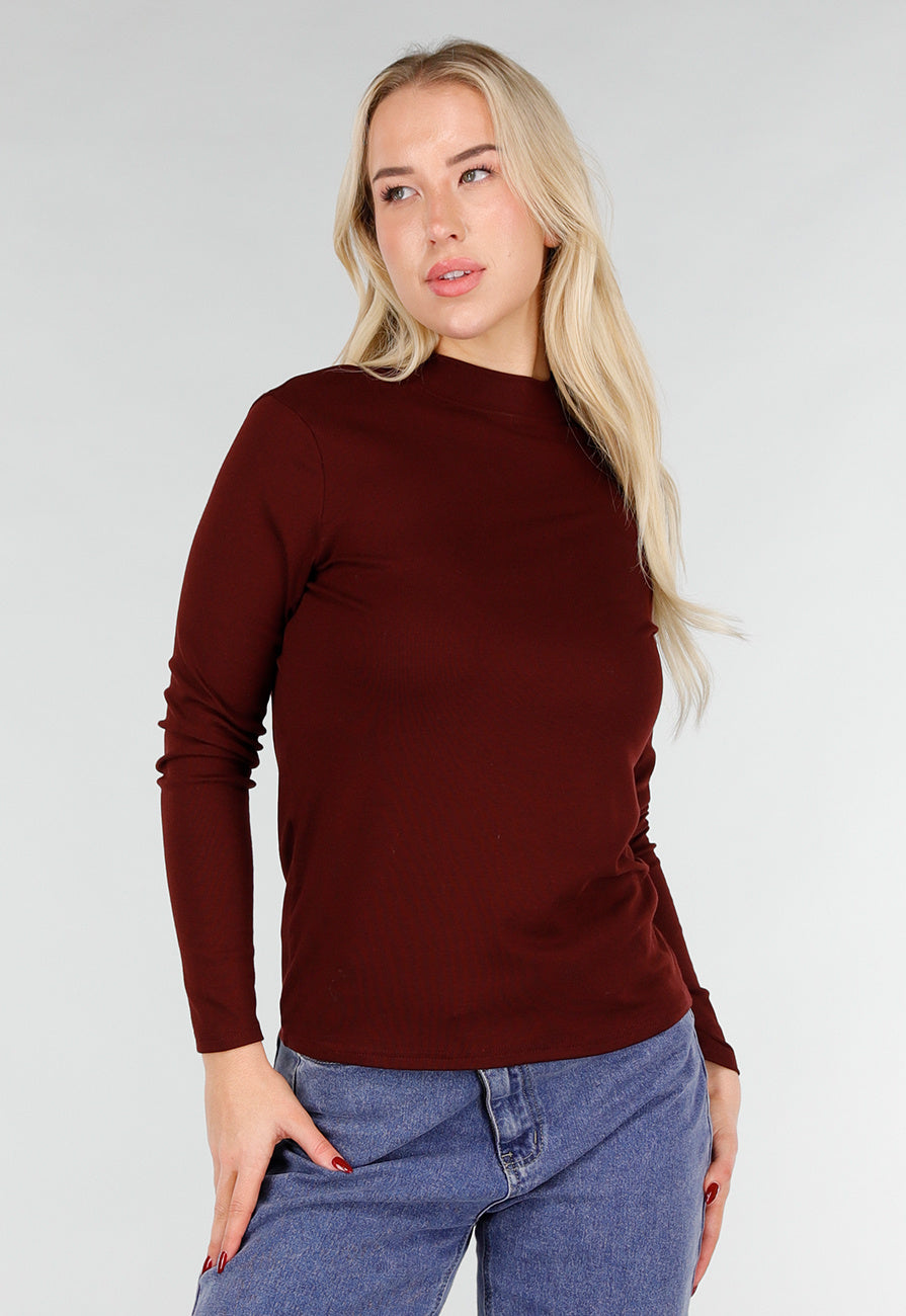 Bordeaux Top met Lange Mouwen en Col