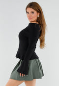 Zwarte Off Shoulder Gebreide Trui met Uitlopende Mouwen