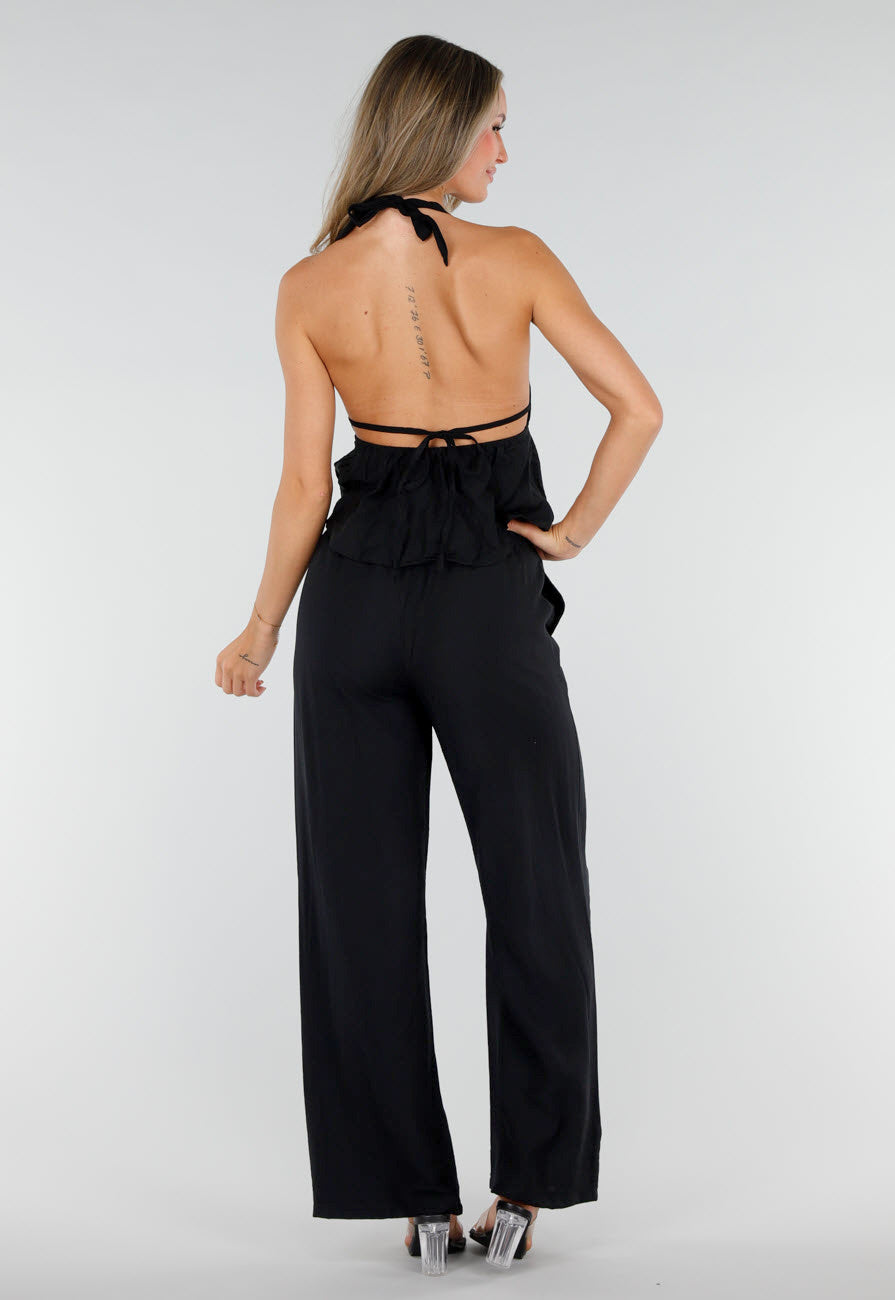 Zwarte Halter Top en Wide Leg Broek Set met Open Rug