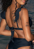 Zwarte Ruffle Bikini Top met Strikdetail