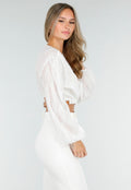 Witte Crop Blouse met V-Hals en Luchtige Mouwen