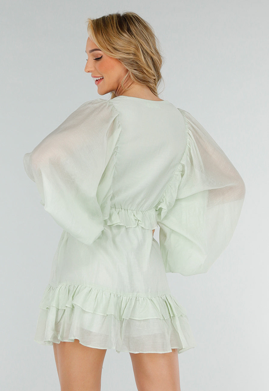 Mintgroene Korte Jurk met Volants, Knoopjes en Ballonmouwen