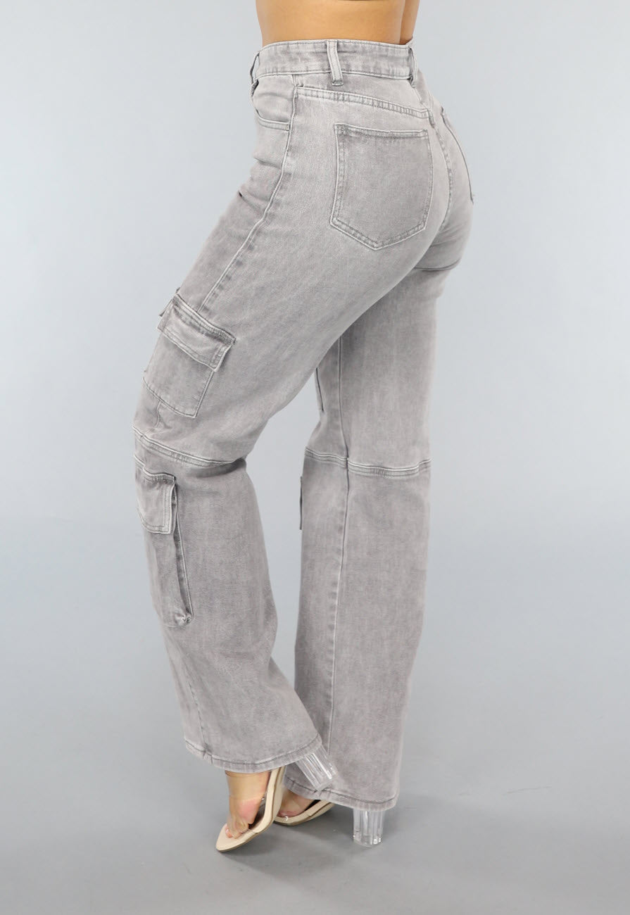 Lichtgrijze Jeans met Hoge Taille en Cargo Zakken