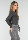 Donkergrijze One Shoulder Top met Lange Mouwen
