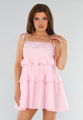Roze Mini Jurk met Ruches en Linnenlook en Strikkoorden